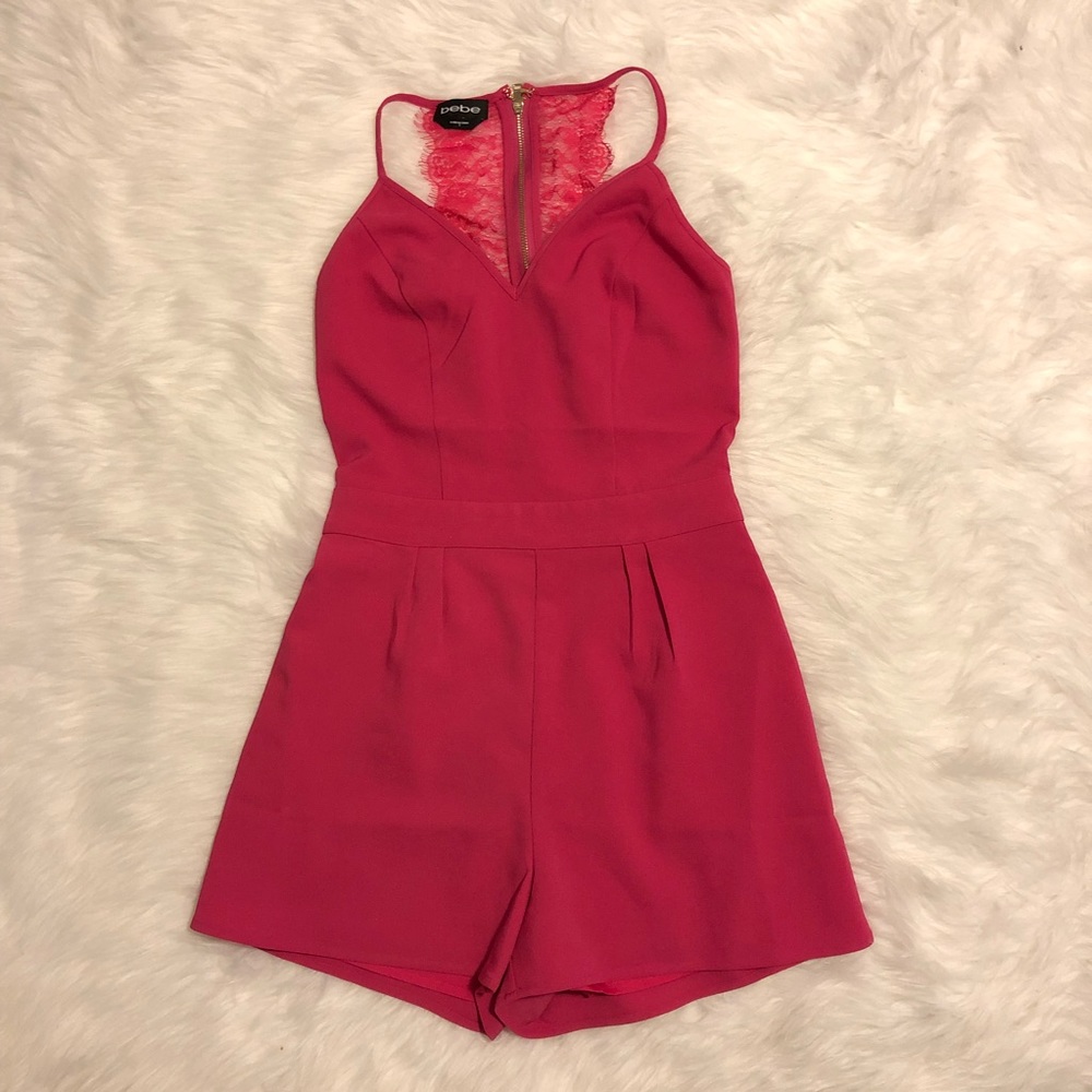 bebe Pink Lace-Trimmed Romper